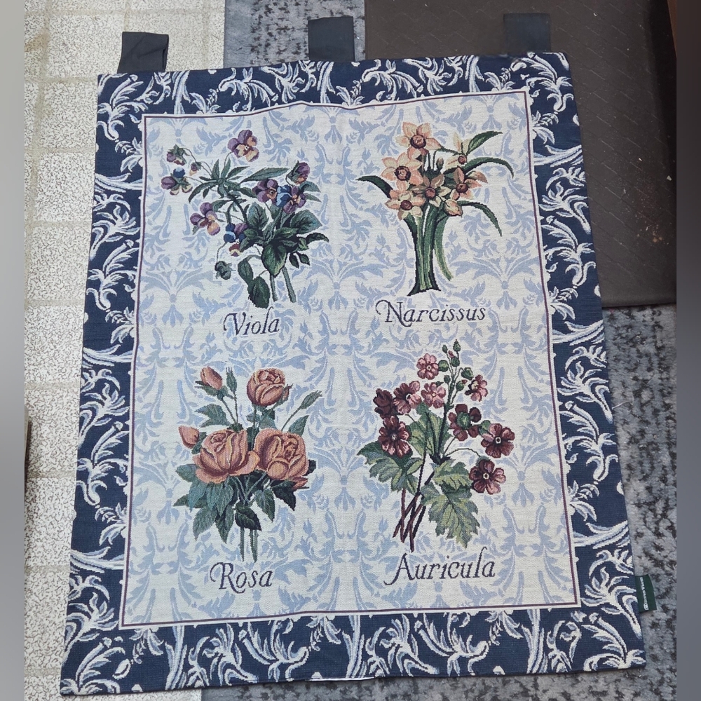 Tapestry Woven Wall Hanging Features Flowers Viola Narcissus Rosa & Auricula